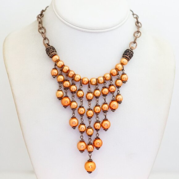 18 inch, Vintage Golden Brown Ball Beads Unique Bib Necklace - V28 - Picture 1 of 3
